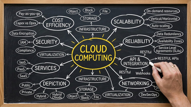 Cloud computing concept mind map on a chalkboard, showcasing various aspects like scalability, reliability, and security, representing technology and business strategy