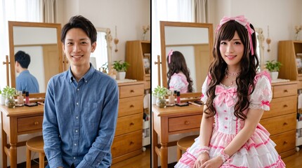Obraz premium side-by-side photography of a Japanese male-to-female crossdressing transformation. Left: A Japanese man with no facial hair Right: the man is wearing vibrant Kawaii-style makeup, cute feminine dress