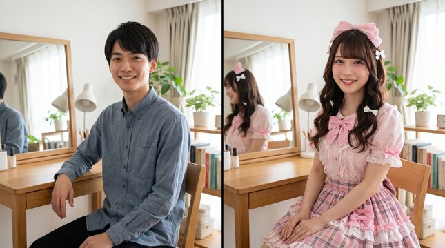 side-by-side photography of a Japanese male-to-female crossdressing transformation. Left: A Japanese man with no facial hair Right: the man is wearing vibrant Kawaii-style makeup,  cute feminine dress