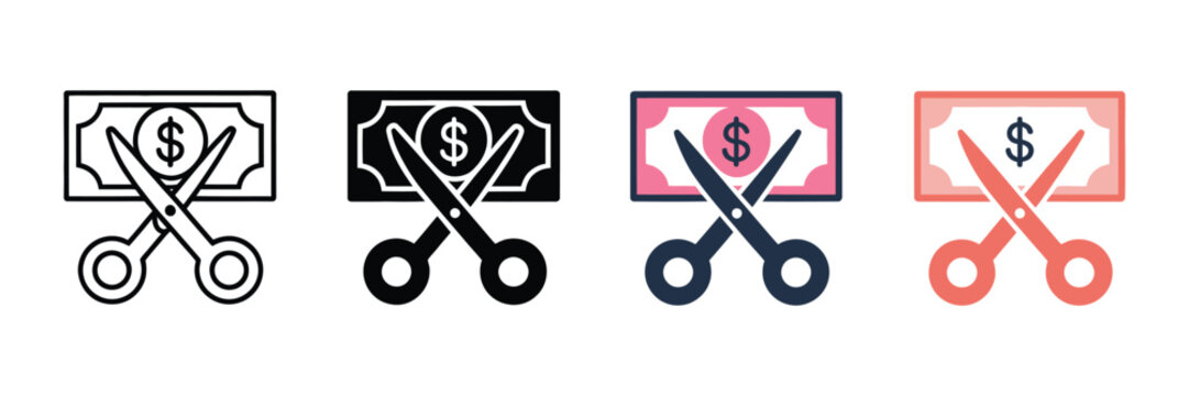 Minimalist cost reduction icons with scissors cutting currency notes, representing spending cuts, financial planning, budget savings, and cost optimization strategies.