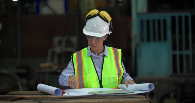 Railway engineer studies blueprints and inspect locomotives in a train maintenance depot, wearing safety helmets and reflective vests in an industrial workshop.
