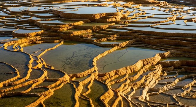 Sunlit travertine terraces and mineral pools