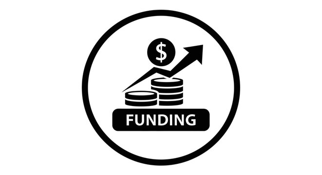 Funding Icon: Growing Stack of Coins with Upward Arrow and Dollar Sign