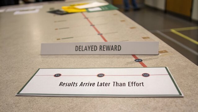 Conceptual depiction of delayed reward concept in a learning or behavior context emphasizing effort and future results