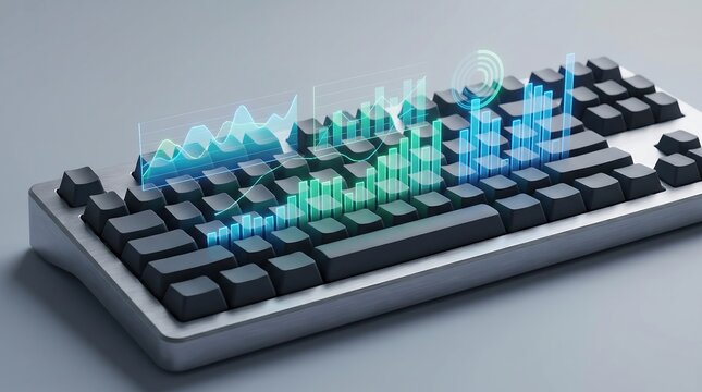 Close-up of a modern keyboard with glowing digital sound waves