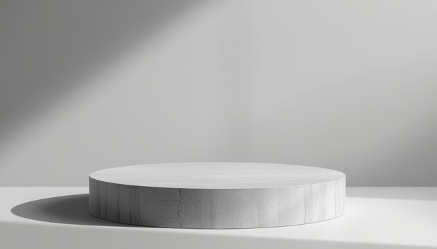 Minimalist concrete podium with smooth finish and soft shadow in neutral studio setting