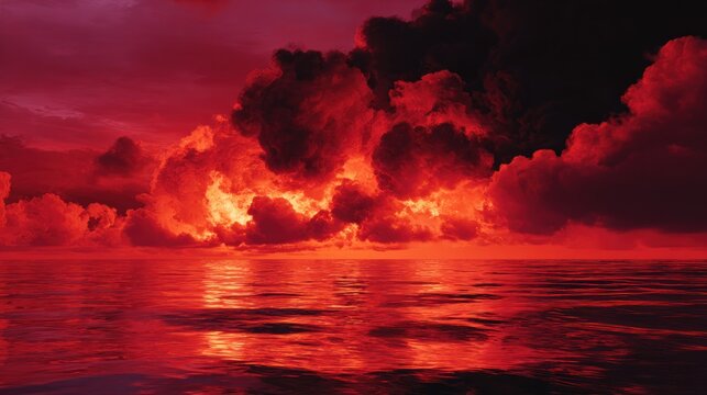 Intense crimson clouds dominate the horizon above a reflective body of water during a dramatic twilight.