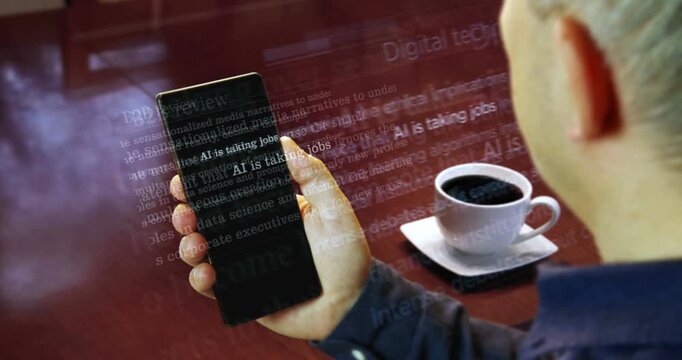 AI is taking jobs articles is reading the on smartphone. Man read headline news across international media. Abstract concept of news titles on phone in hand.