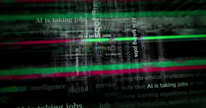 AI is taking jobs headline news titles across media. Abstract concept displays loop. Flight between screens with glitch effect seamless and looped 3d.