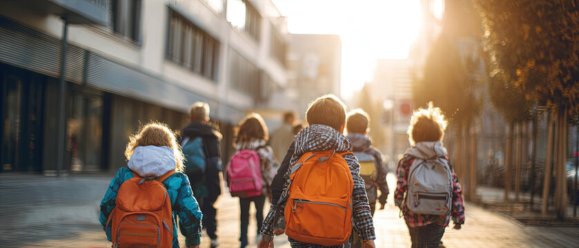 Group of diverse children with backpacks walking to school on a sunny morning, urban street setting, back view, teamwork, education, childhood.