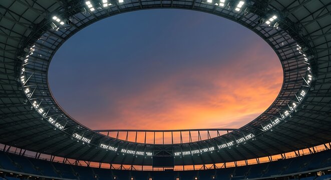 Modern Stadium Roof Opening with Sunset Sky and Illuminated Lights
