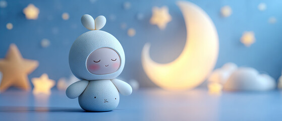 Obraz premium Adorable plush toy in soft blue tones with stars, moon, and clouds, creating a peaceful bedtime atmosphere. Perfect for children's content or nursery themes.