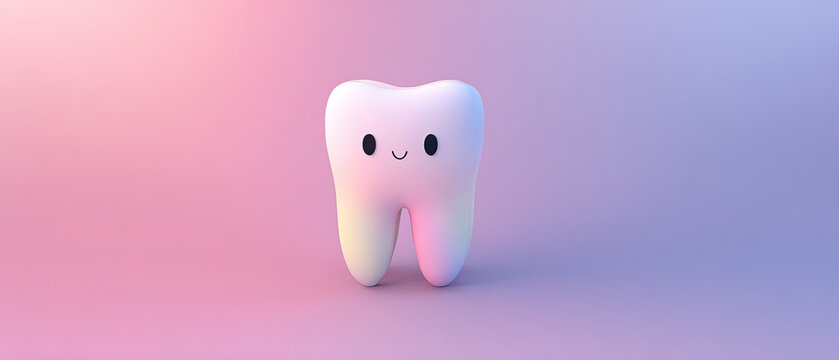 Smiling cartoon tooth character on a soft pastel gradient background, perfect for dental, healthcare, and children's designs.