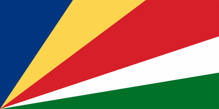 Vector illustration of the Seychelles national flag featuring blue, yellow, red, white and green diagonal stripes. Clean isolated design for travel, geography and education.