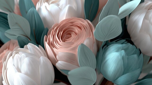 Delicate assemblage of pale pink, white, and muted teal floral blossoms and foliage fills the frame.