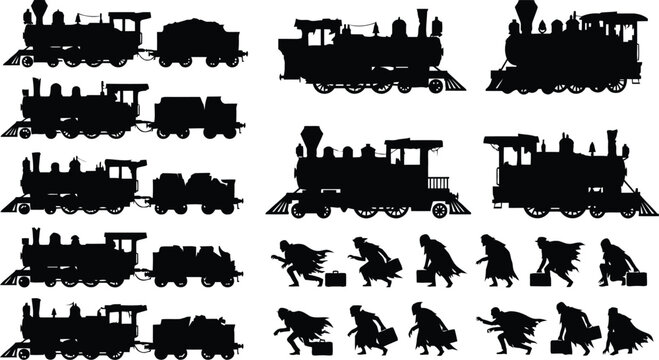 Black and white train and people silhouettes set