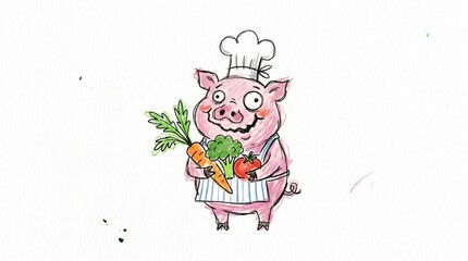Fototapeta premium Cartoon pig chef smiles, wearing an apron and hat, holding carrot, broccoli, and tomato