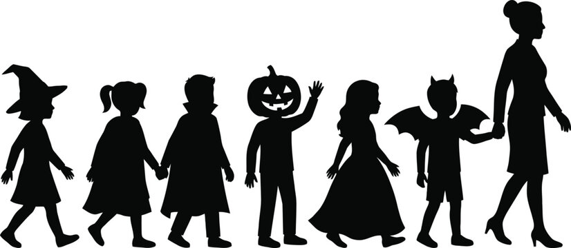 Children trick or treating in halloween costumes