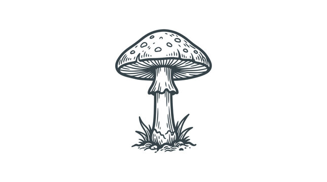 Detailed Drawing of a Single Mushroom Growing in Grass.