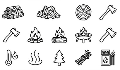 Fototapeta premium Firewood and Campfire Icons Black and White Vector Collection