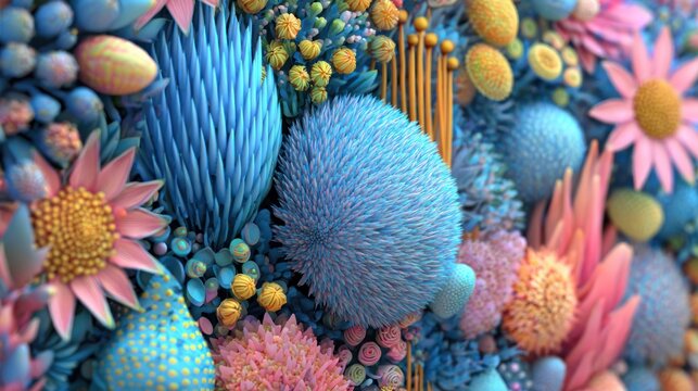 Vibrant assemblage of fantastic floral and organic structures fills the frame