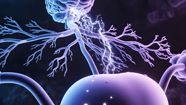 Glowing 3D animation of the human nervous system sending electrical signals from the brain to the female reproductive organs illustrating hormonal control and uterine health