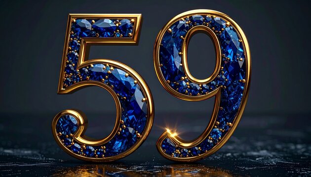 Golden Number 59 with Blue Gems on Black Marble Background