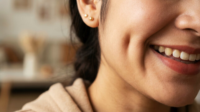 Extreme Close Up of a Happy Young Woman Smiling, Showing a Deep Cheek Dimple, Perfect White Teeth, and Gold Stud Earrings