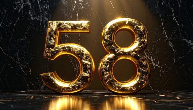 Luxury golden number 58 with a glossy metallic texture on a marble background