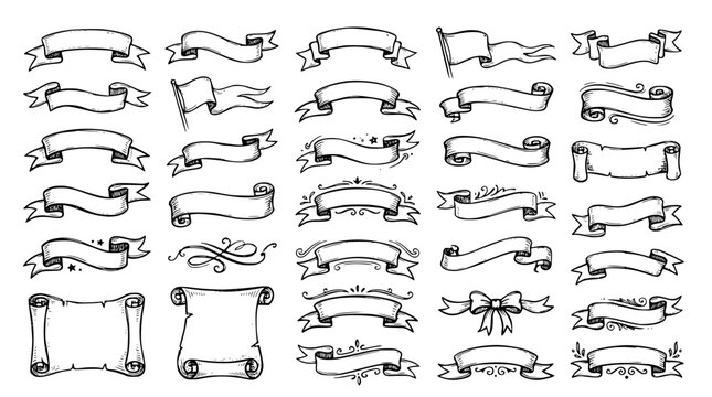 Hand drawn curved wavy banner ribbons scroll shapes, doodle sketch collection, black ink vector illustration