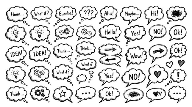 Hand drawn thought bubbles cloud speech balloons various sizes, doodle sketch collection, black ink vector illustration