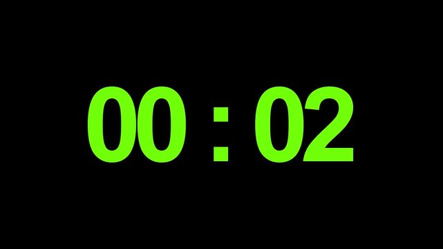 Digital clock illuminates vivid lime green numerical symbols denoting two seconds of time passing on a deep black field providing an efficient and clear visual utility for various digital.