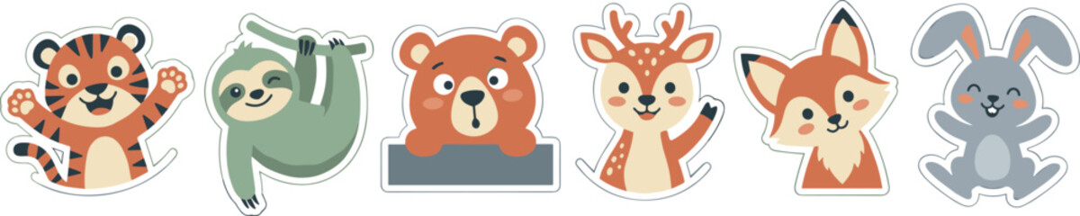 Fototapeta premium Cute Woodland and Jungle Animal Sticker Set Featuring Cartoon Tiger Sloth Bear Deer Fox and Rabbit for Kids Nursery Graphic Designs
