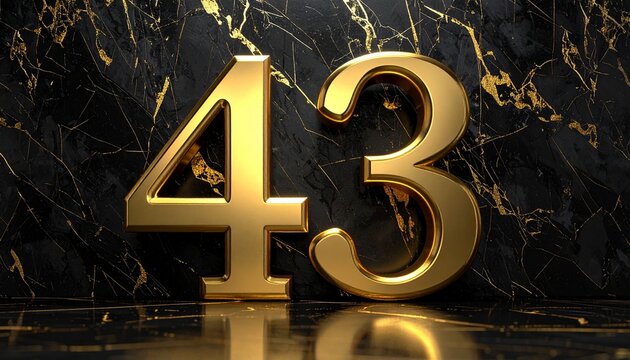 Golden number 43 on marble background.