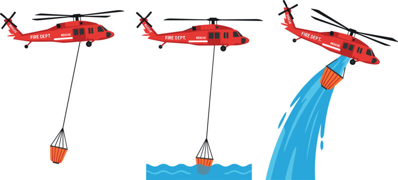 Fire Department Helicopter Set Dropping Water and Dipping Bambi Bucket for Wildfire Suppression Aerial Firefighting Operations Vector Graphic Elements