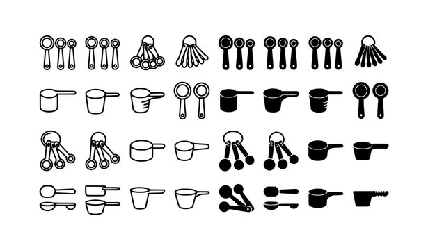 Measuring scoop icon set with kitchen utensil and supplement dosage symbols vector