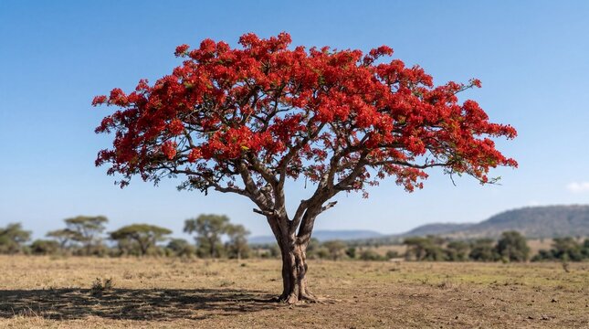 Majestic flamboyant tree with vibrant red flowers blooming in a dry savanna landscape under a blue sky