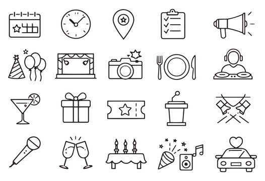event management party planning celebration and wedding organization line icons vector