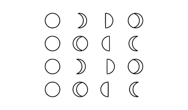 Moon Phases and Lunar Cycle Thin Line Icon Set with Full Moon, New Moon, Crescent, Half Moon, and Eclipse Vector Symbols