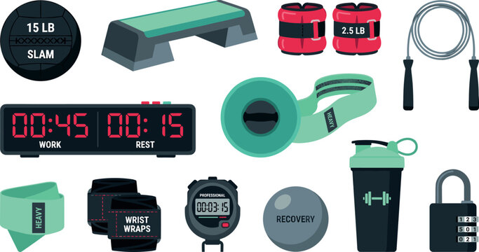 Fitness and Cross Training Workout Equipment Set Featuring Slam Ball Aerobic Step Digital Timer Jump Rope Shaker Bottle and Resistance Bands Vector Illustration