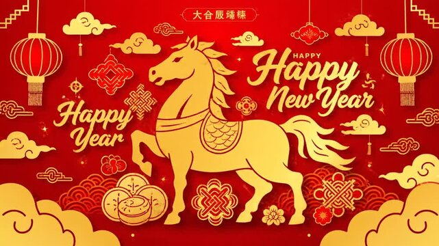 Golden horse with lanterns on red background celebrating lunar new year holiday
