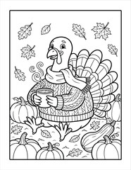 Fototapeta premium Turkey holding hot cocoa mug in autumn sweater coloring page for kids in North America.