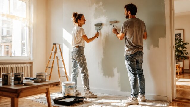 Couple painting a room in their home