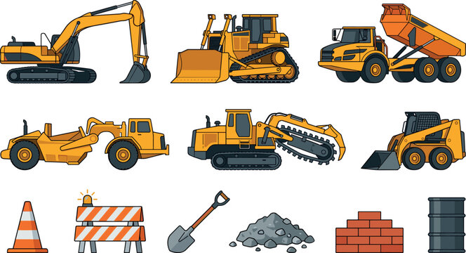 Heavy Construction Vehicle Vector Set Featuring Excavator Bulldozer Dump Truck Trencher Skid Steer And Site Equipment Icons For Building Projects