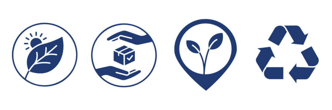Eco Friendly and Sustainable Packaging Silhouette Icon Set, Green Leaf with Sun, Eco Product Logistics Box, Plant Location Pin, Recycle Arrow Glyph Symbols for Commercial Use