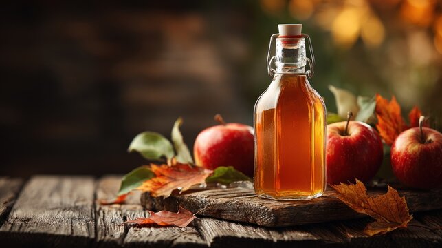 Homemade fermented beverage in a glass flagon rests on weathered wood surrounded by fresh fruit and autumn foliage.
