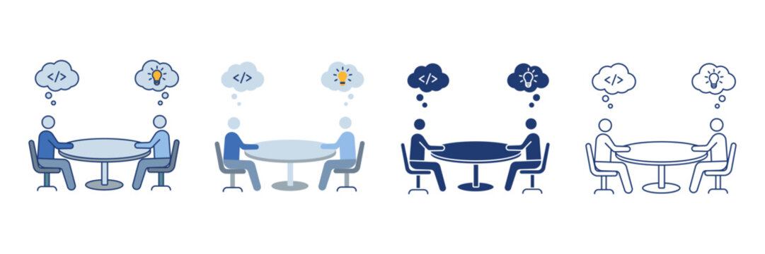 Software developers meeting icon set, Programmer and designer discussing coding and creative idea at round table, Brainstorming collaboration concept