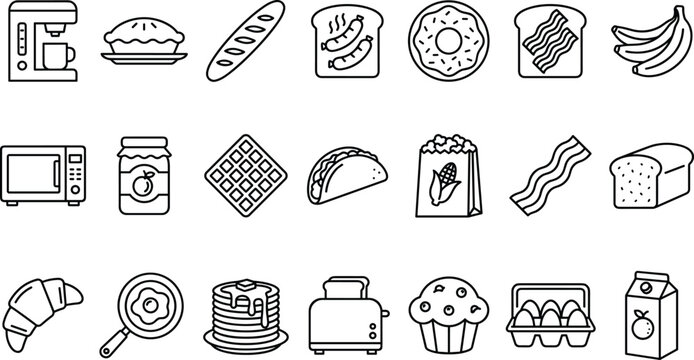 Breakfast Food and Kitchen Appliance Icon Set with Coffee Maker Waffle Pancake Bacon Eggs Symbols for Restaurant Cafe Menu Graphic Design