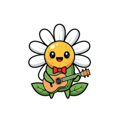 Naklejka premium Cute cartoon daisy flower character playing a small ukulele instrument.