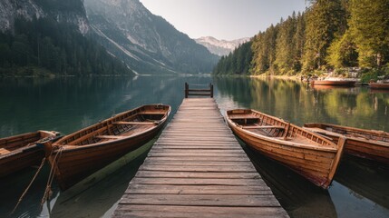 Obraz premium Lakeside boats in the mountains